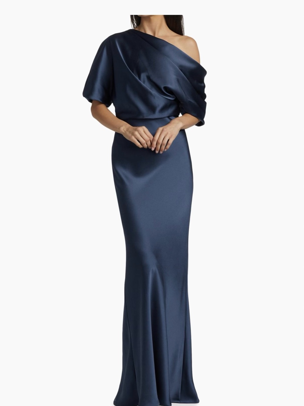 Amsale One-Shoulder Satin Gown in Navy